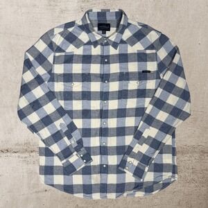 Lucky Brand Flannel Shirt Men's Large Blue Plaid Pearl Snap Western Cowboy Rodeo